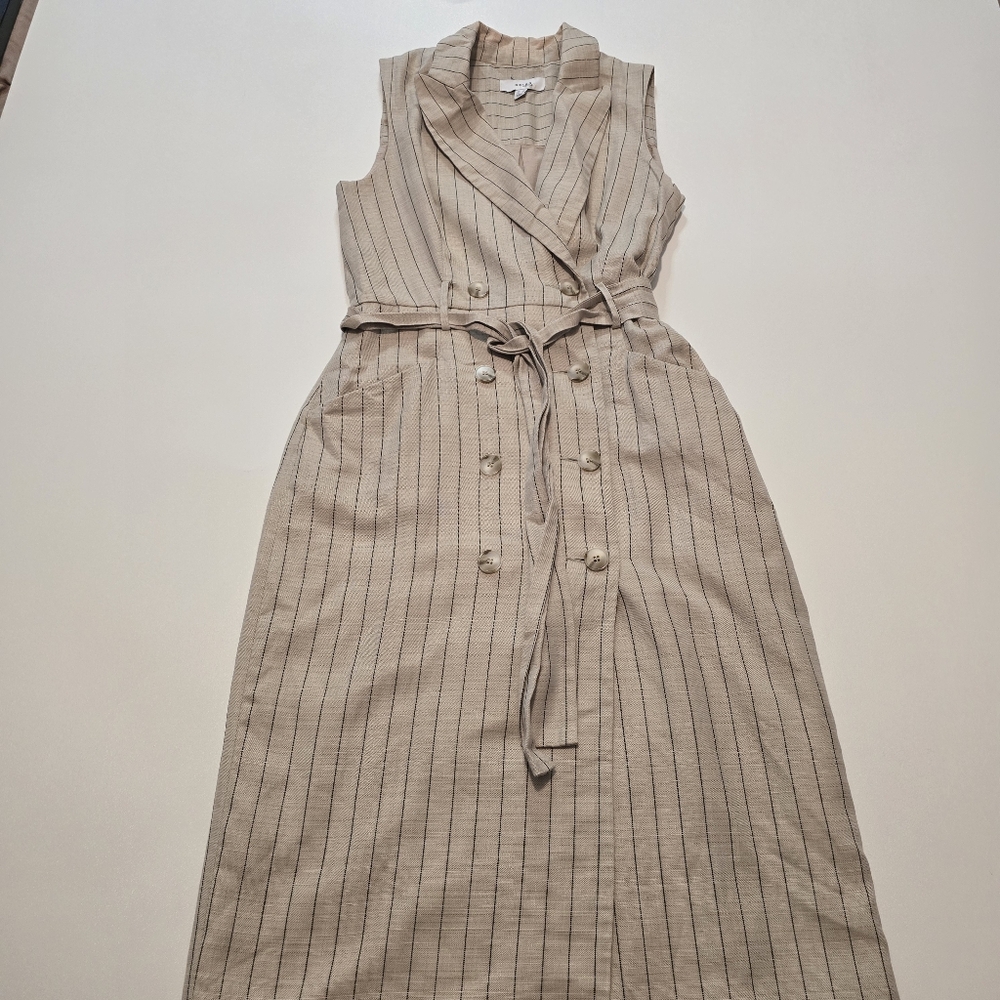 Reiss Andie Neutral Striped Linen Casual Dress Sleeveless V-neck Size 6 - Picture 2 of 14